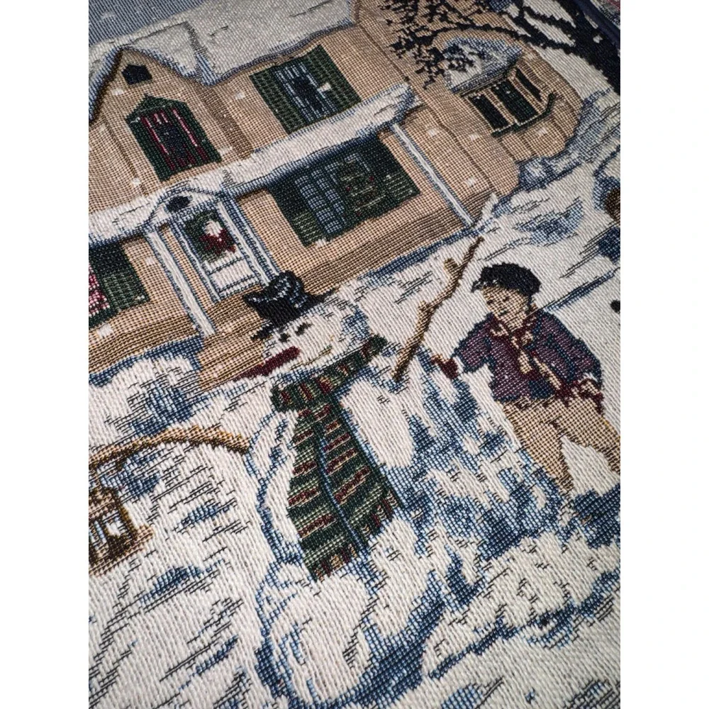Vintage Set of 4 Christmas Winter Village Scene‎ Tapestry Placemats Blue Trim